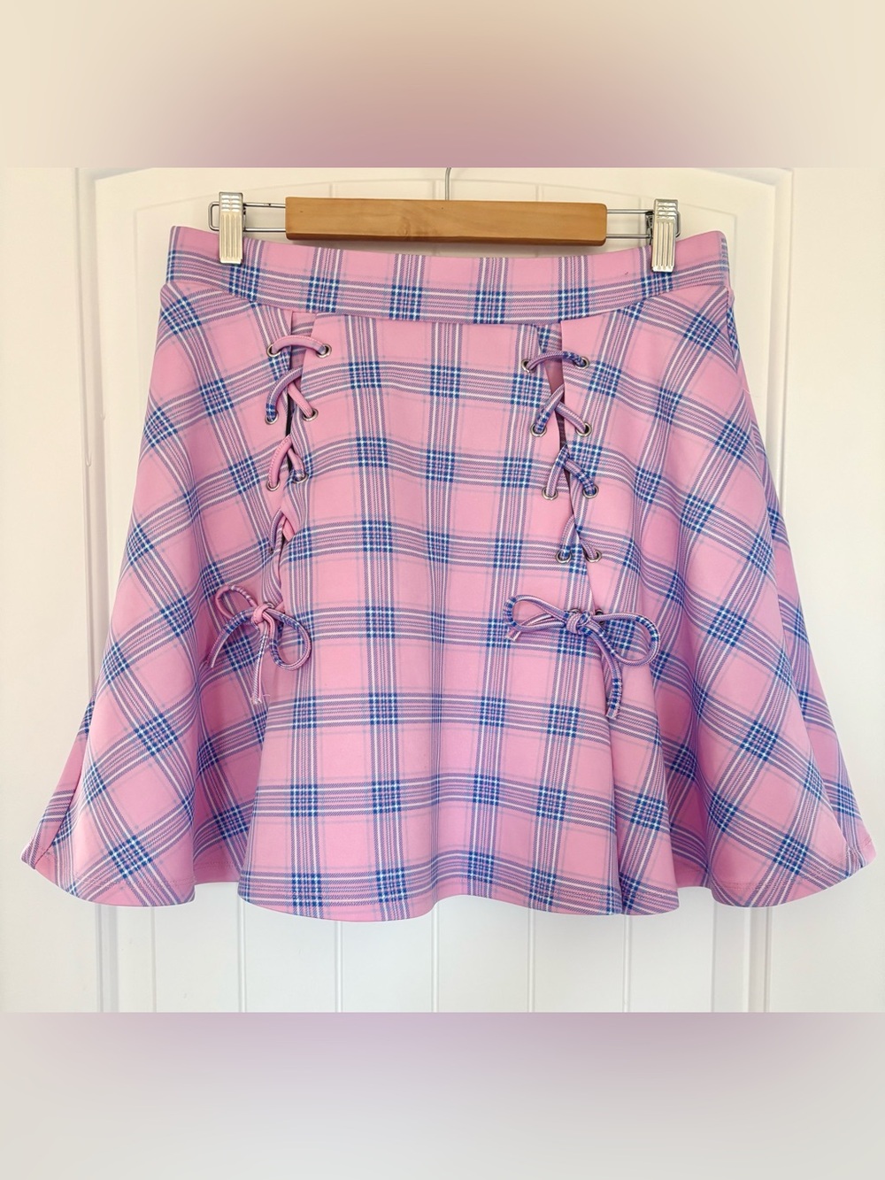 Pink Plaid Lace-Up A-Line Skirt